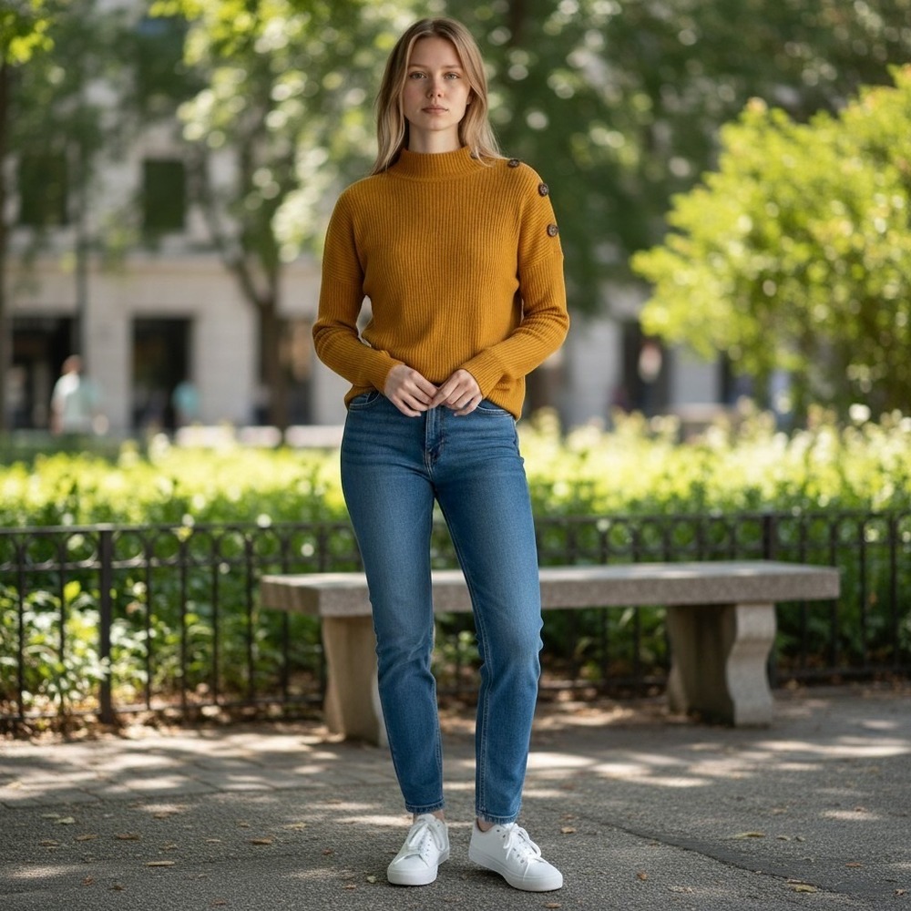 MInimalist Ribbed Knit Top Womens Small Yellow Excellent Button Mock Neck